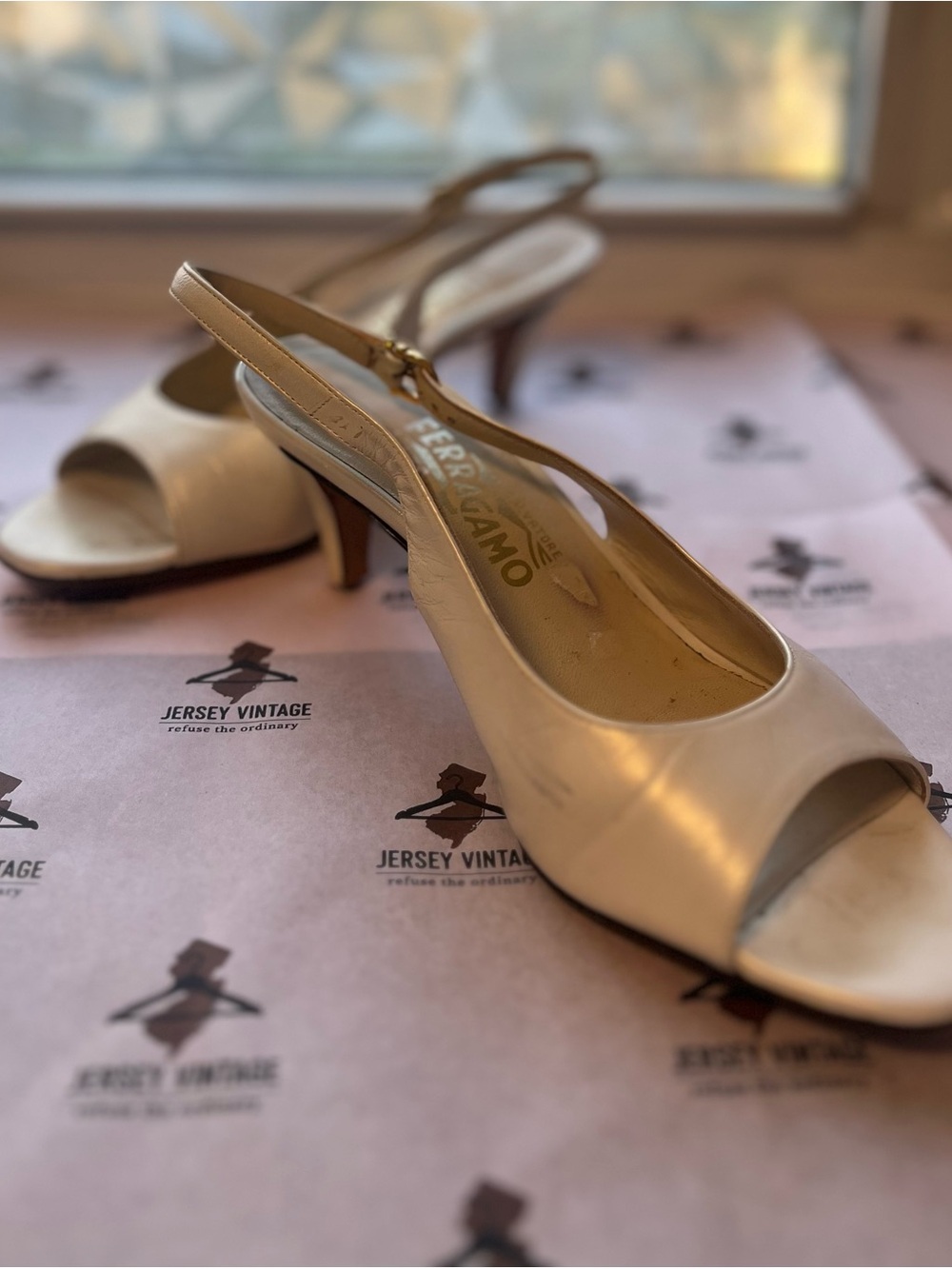 Salvatore Ferragamo Cream Leather Slingback Peep-Toe Heels - Picture 5 of 5